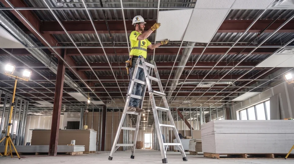 Acoustic ceiling installation crew in yellow shirts and white helmets with front ProPaint logo