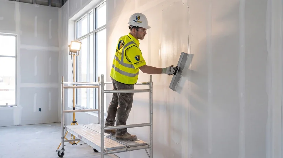 Drywall crew setting gypsum board in yellow shirts and white helmets with front ProPaint logo