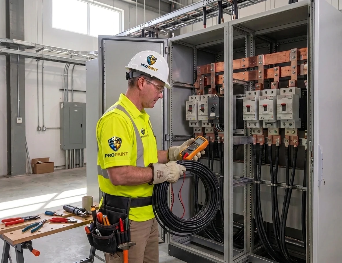 Electrician rough-in crew in yellow shirts and white helmets with front ProPaint logo