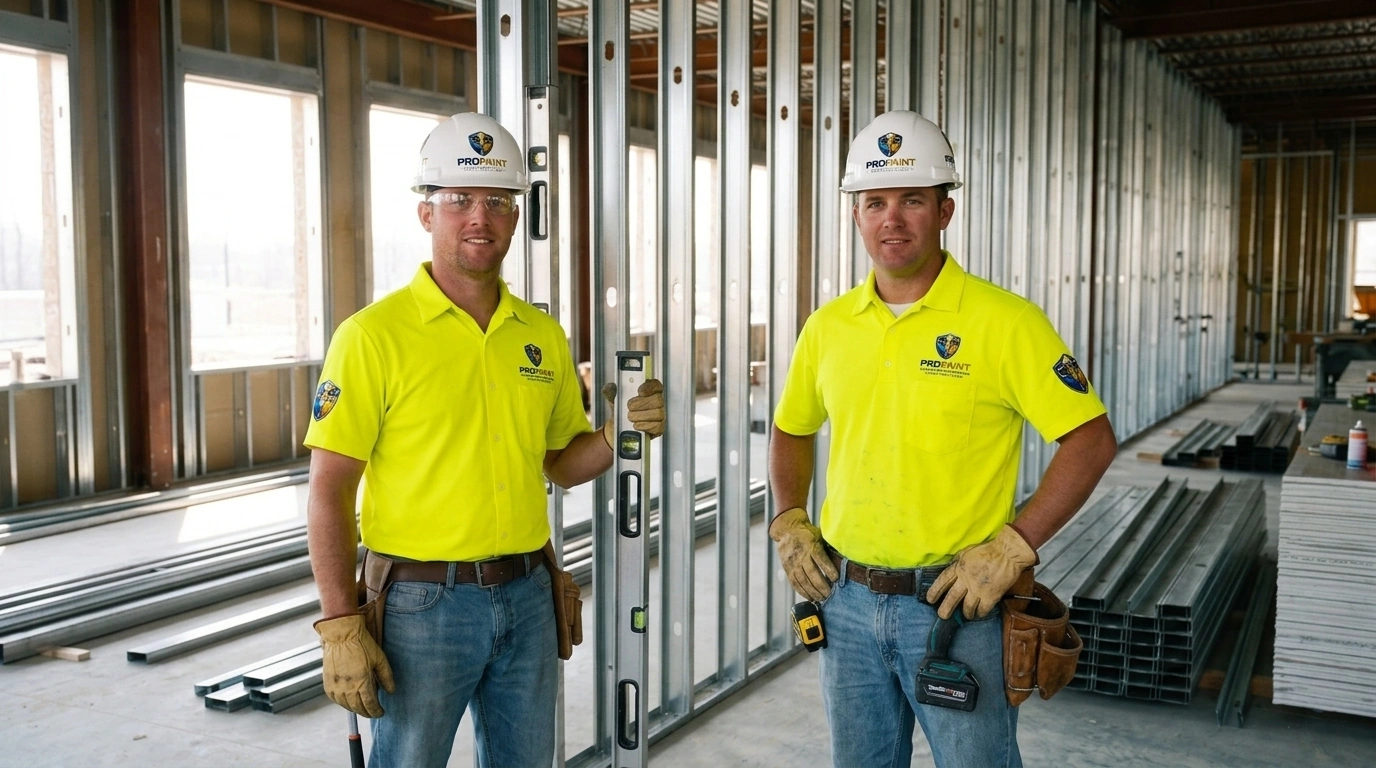 ProPaint commercial framing craftsmen posing with tools on jobsite with steel stud walls