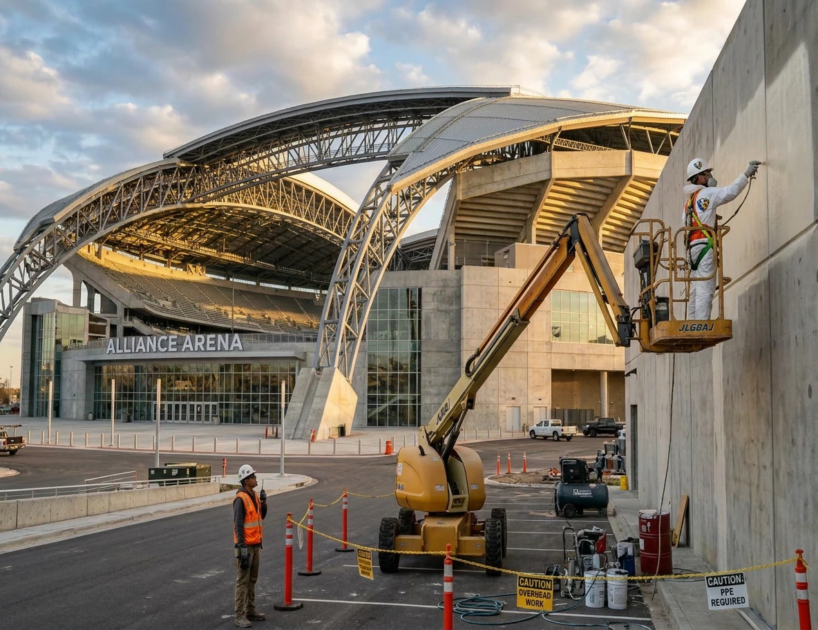 ProPaint Construction crew painting a sports arena exterior