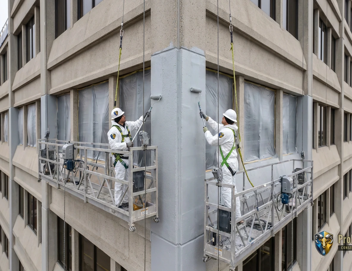 Painters on a suspended swing stage coating a solid concrete pier on a Michigan mid-rise office building