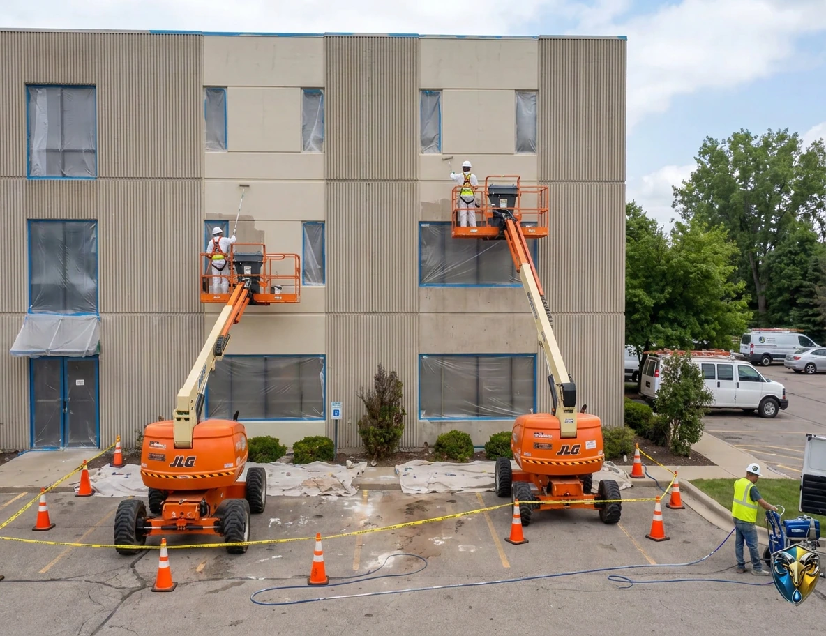 Painters on boom lifts recoating a three-story Michigan corporate office exterior with windows fully masked