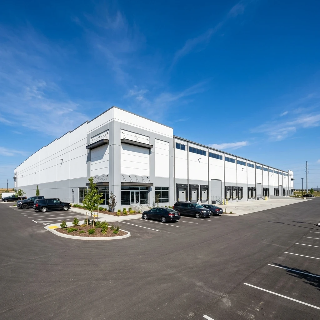 Exterior view of a newly painted white industrial warehouse with loading docks